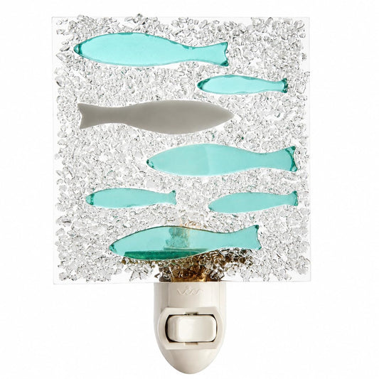 J Devlin Glass Art Stained Glass Night Light, Swimming Against the Current, Fish, Water, Plug in nightlight for Bedroom/Bathroom/Stairway/Hallway Home