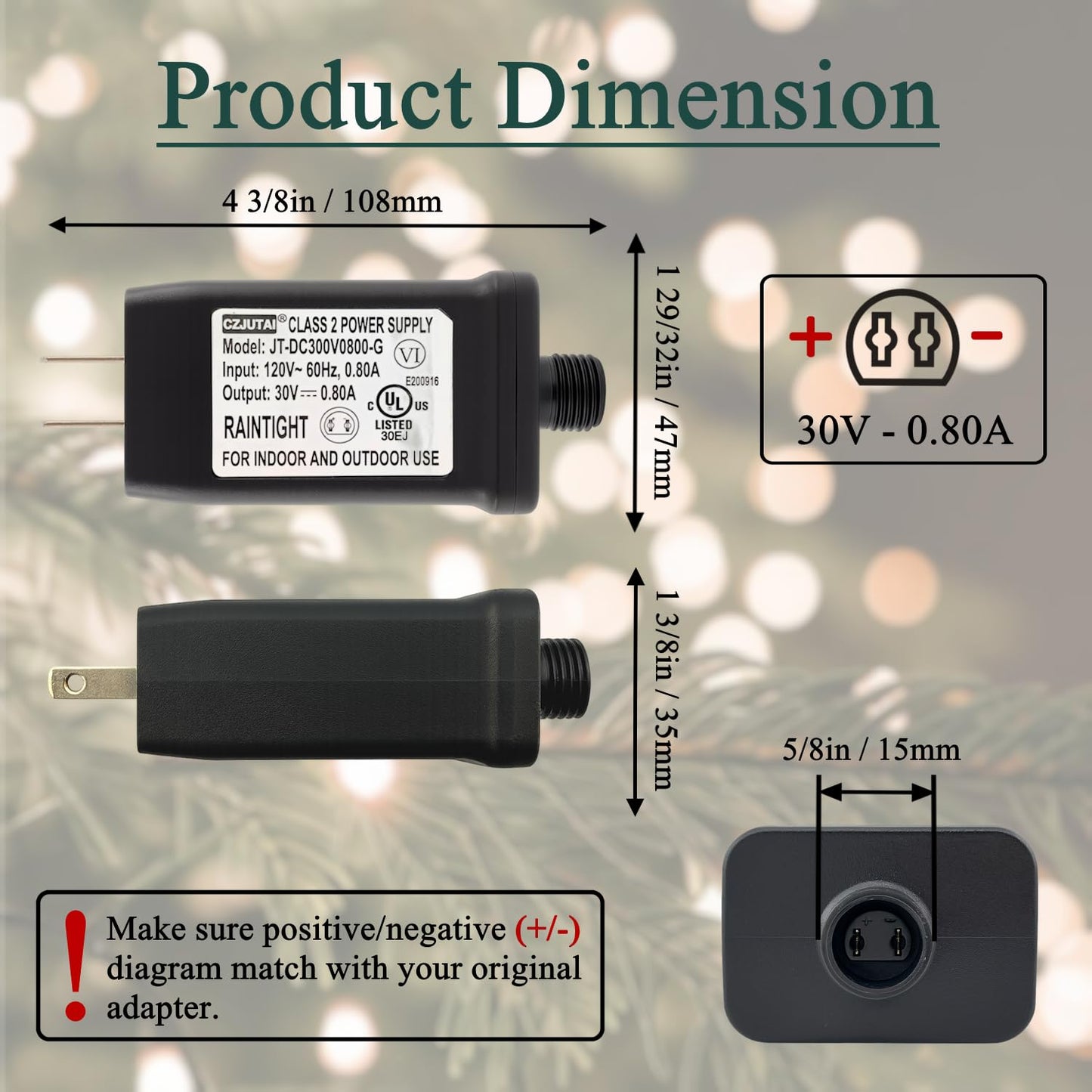 Power Supply JT-DC300V0800-G Class 2 LED Transformer 30V 0.8A 24W Raintight IP44 US Plug Connector 5/8in 15 mm Adapter Replacement for LED String