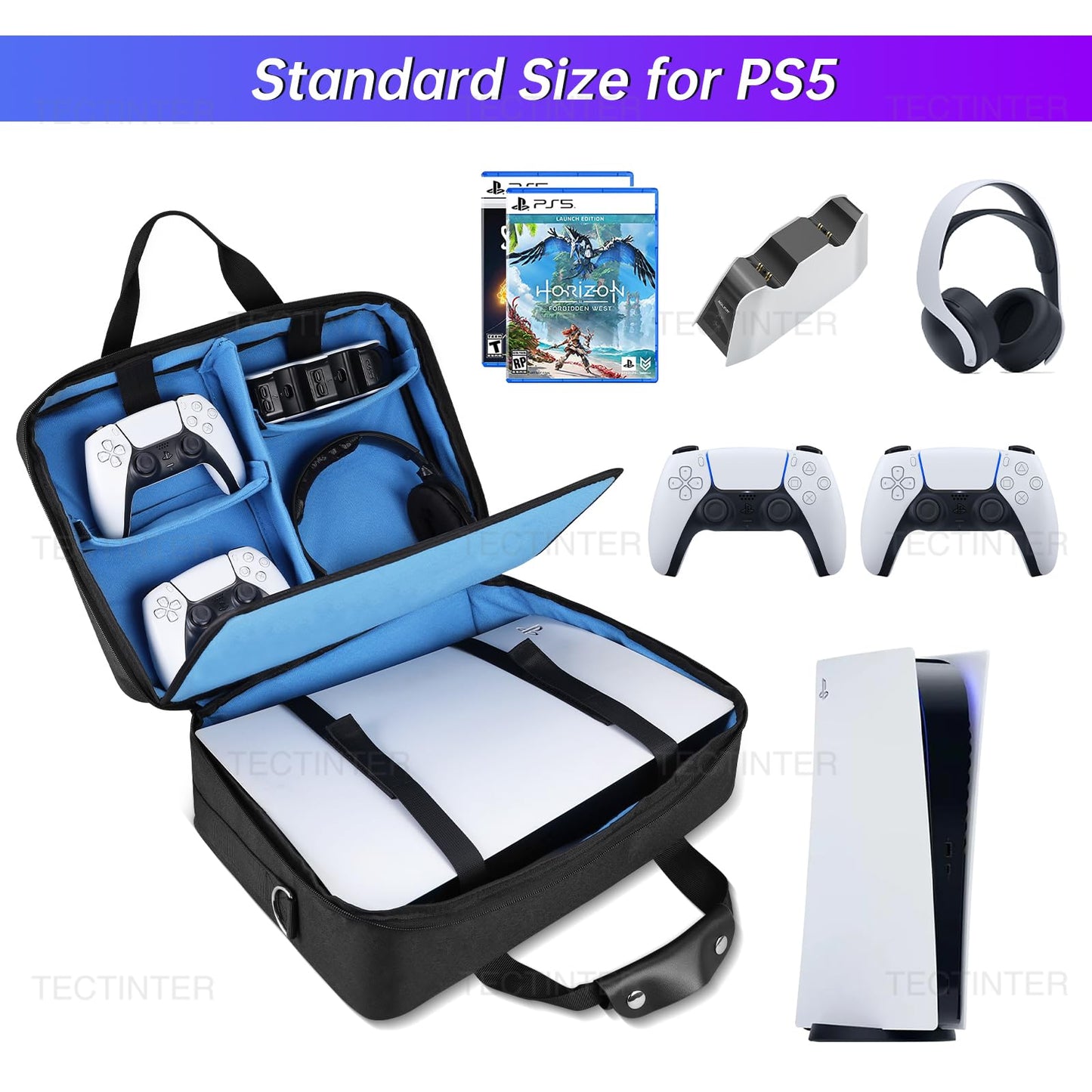 TECTINTER Carrying Case for PS5, Protective Travel Bag for PS 5 Console Controller, Large Capacity Storage Case Compatible with Playstation 5 Games