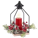 Rhytsing Christmas Table Centerpieces, H10 Inches Decorative Lantern with Real Wax Red LED Flameless Candle and Christmas Cedar Candle Ring, Battery