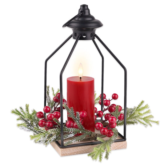 Rhytsing Christmas Table Centerpieces, H10 Inches Decorative Lantern with Real Wax Red LED Flameless Candle and Christmas Cedar Candle Ring, Battery