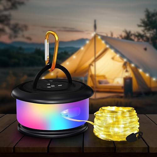 Bylitodt Camping String Lights, Retractable 32.8ft RGB Flash Lamp, Rechargeable Fairy LED Rope Lights Outdoor Waterproof, Portable Hanging Lantern
