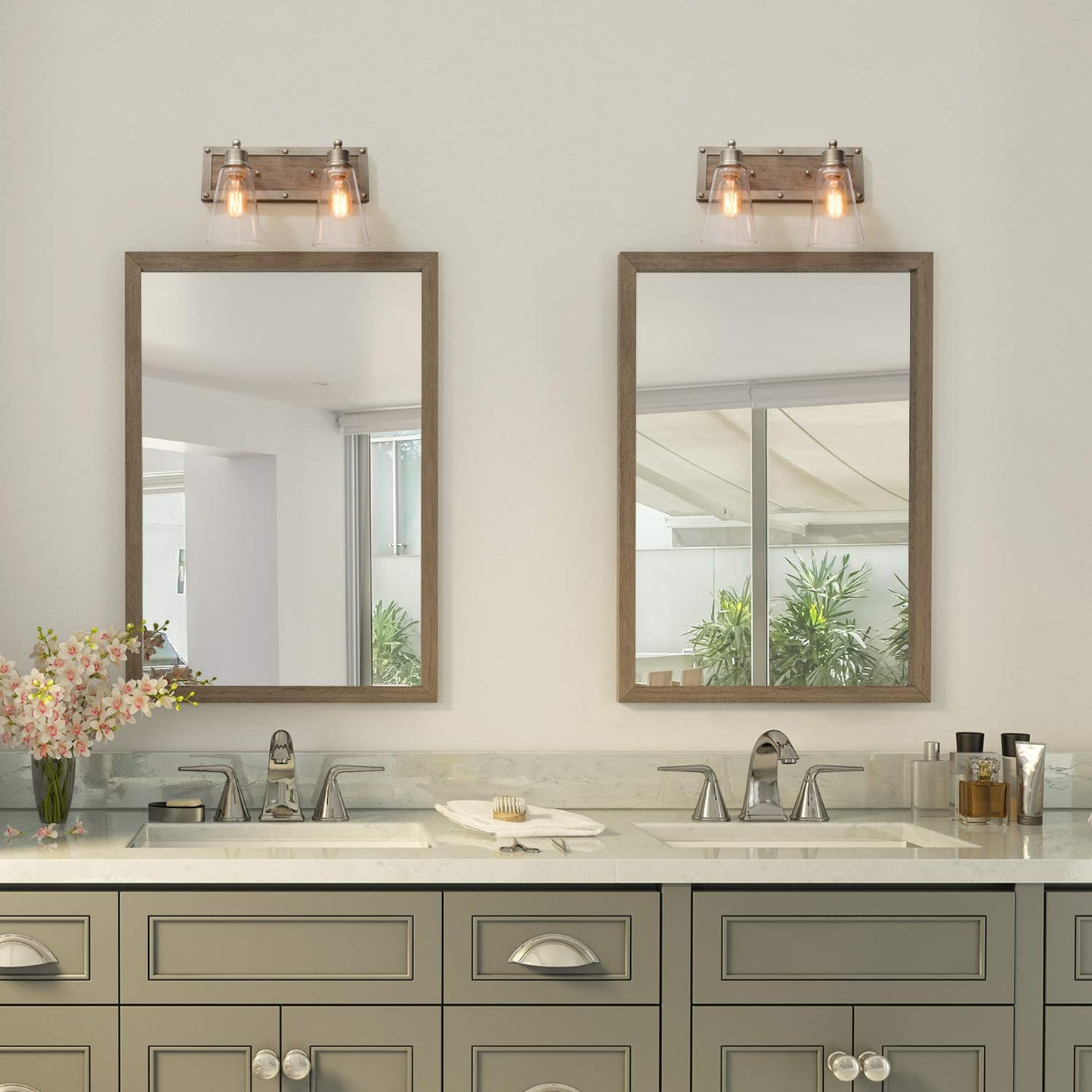 LOG BARN 2 Lights Bathroom Lighting in Real Distressed Wood and Brushed Antique Silver Finish with Cone Clear Glass Shades, 14.1" Vanity Light Fixture
