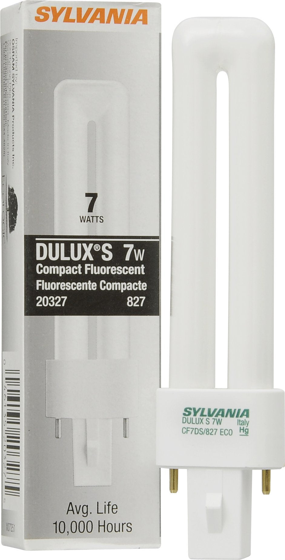 Osram Sylvania 20327 CF7DS/827/ECO DULUX 7W single compact fluorescent lamp with 2-pin base, 2700K color temperature, 82 CRI, ECOLOGIC for use on
