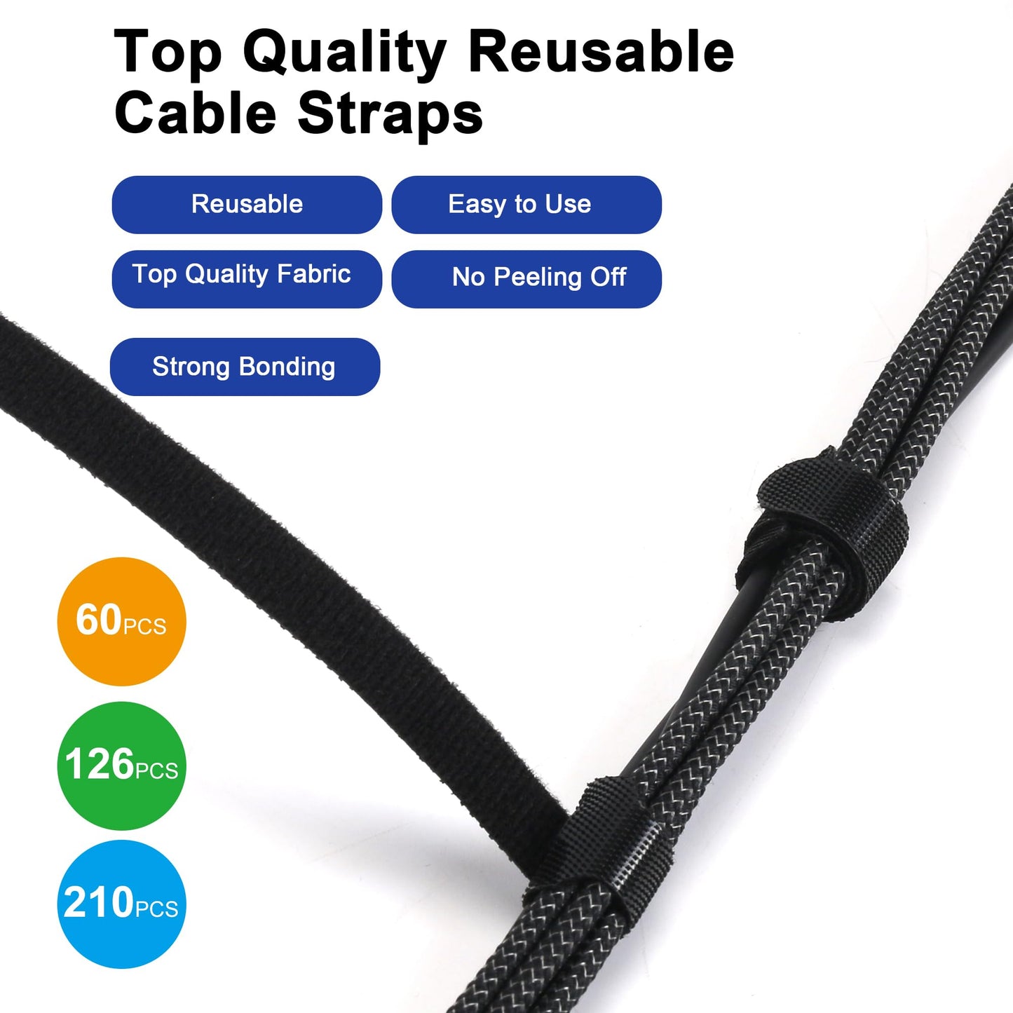 Nettbe Reusable Cable Ties, 60 PCS 8 Inches Adjustable Cord Straps Wire Organizer Cord Wrap and Hook Loop Cable Management