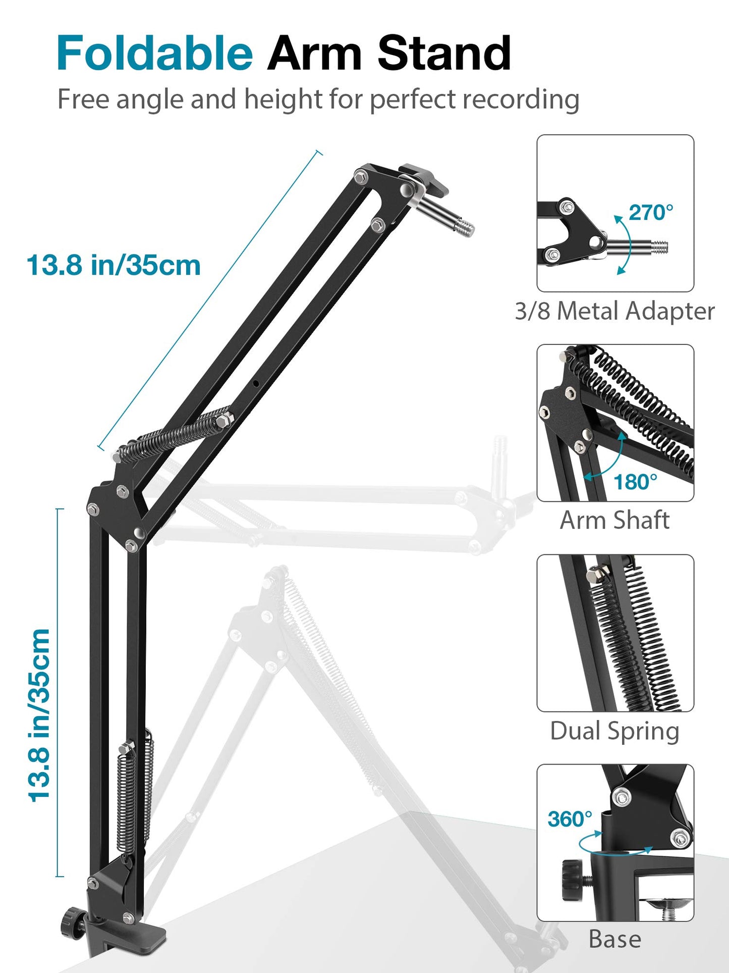 InnoGear Microphone Stand, Adjustable Mic Stand Set for Blue Yeti Nano Suspension Boom Scissor Arm Stand with 5/8" to 3/8" Screw, 5/8" to 1/4 Screw