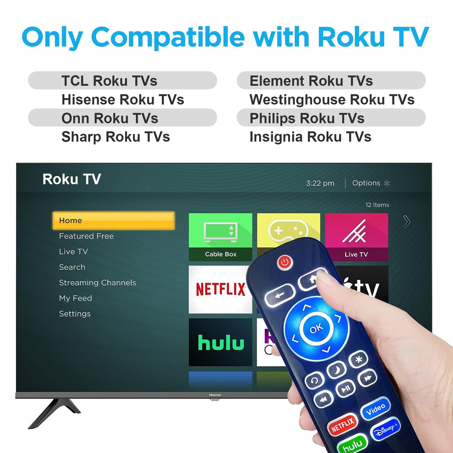 Replacement Backlit Remote Control for TCL/Hisense/Sharp/Philips/Onn/Element/Insignia/Westinghouse Roku TV (NOT for Roku Stick or Box)