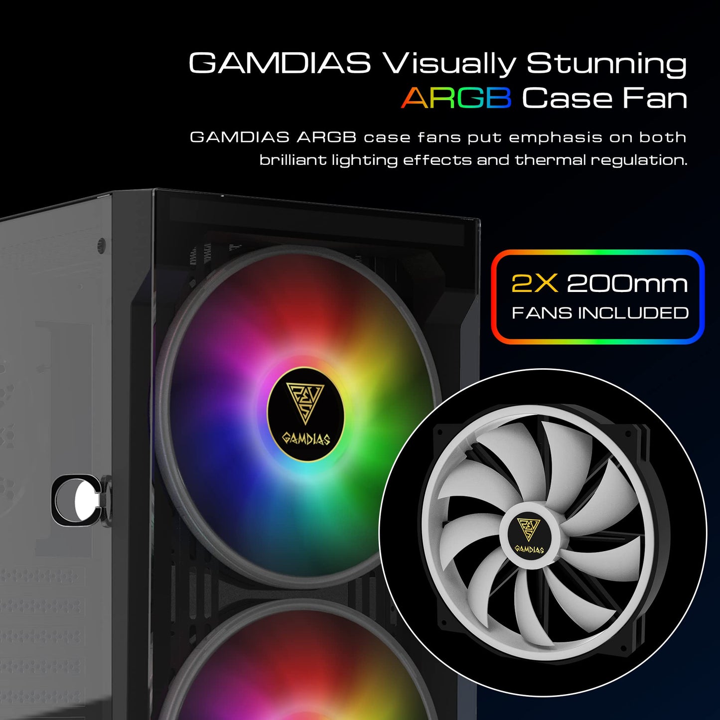 GAMDIAS Apollo E2 Elite Gaming Case Mid Tower ATX 2 x 200mm ARGB Fan Trapezoidal Tempered Glass Panel with Tool Free Installation Tempered Glass