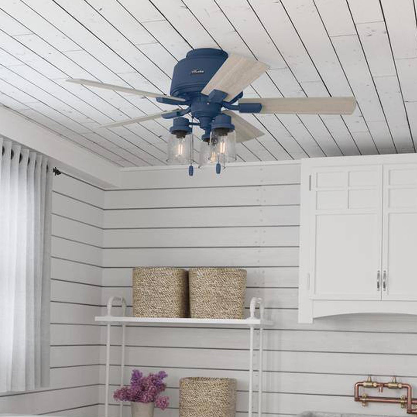 Hunter Fan 44 Inch Low Profile Indigo Blue Indoor Ceiling fan with Light and Pull Chain for Small Rooms, Kids Room, Bathroom, Kitchen, Garage