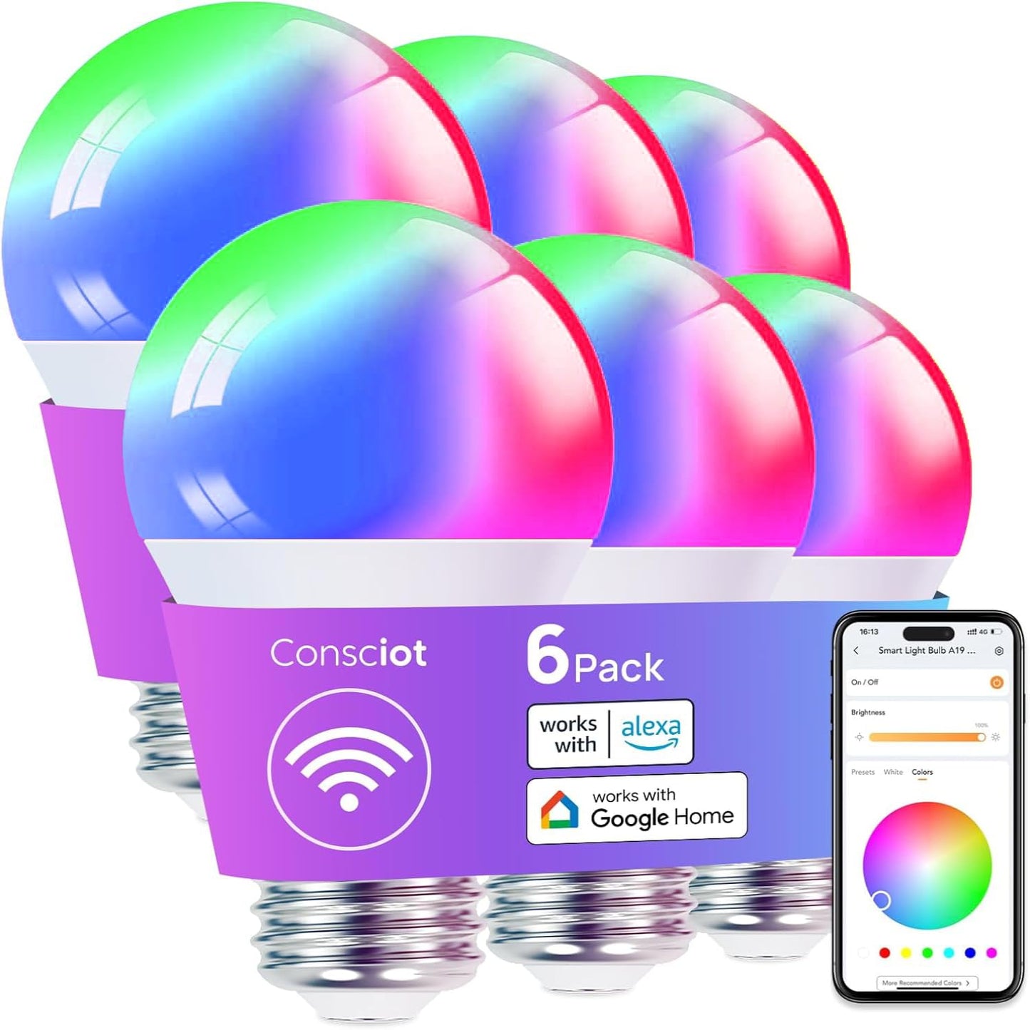 Consciot A19 Smart Light Bulbs, 800 Lumens, 6-Pack