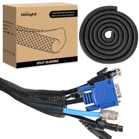 Nilight Cable Sleeve, 25ft-1inch Cord Management Sleeves, Braided Sleeving, Split Self Wrapping Wire Loom for Computer Electrical Automotive Harness