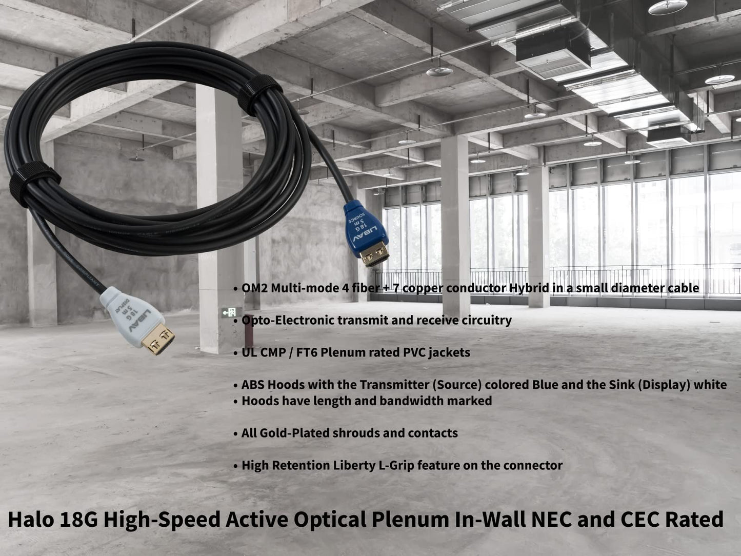 Liberty Halo Active Optical Hybrid 18G Plenum Commercial Grade in-Wall Rated Series High Speed HDMI Cables 10 Meter (35Ft)