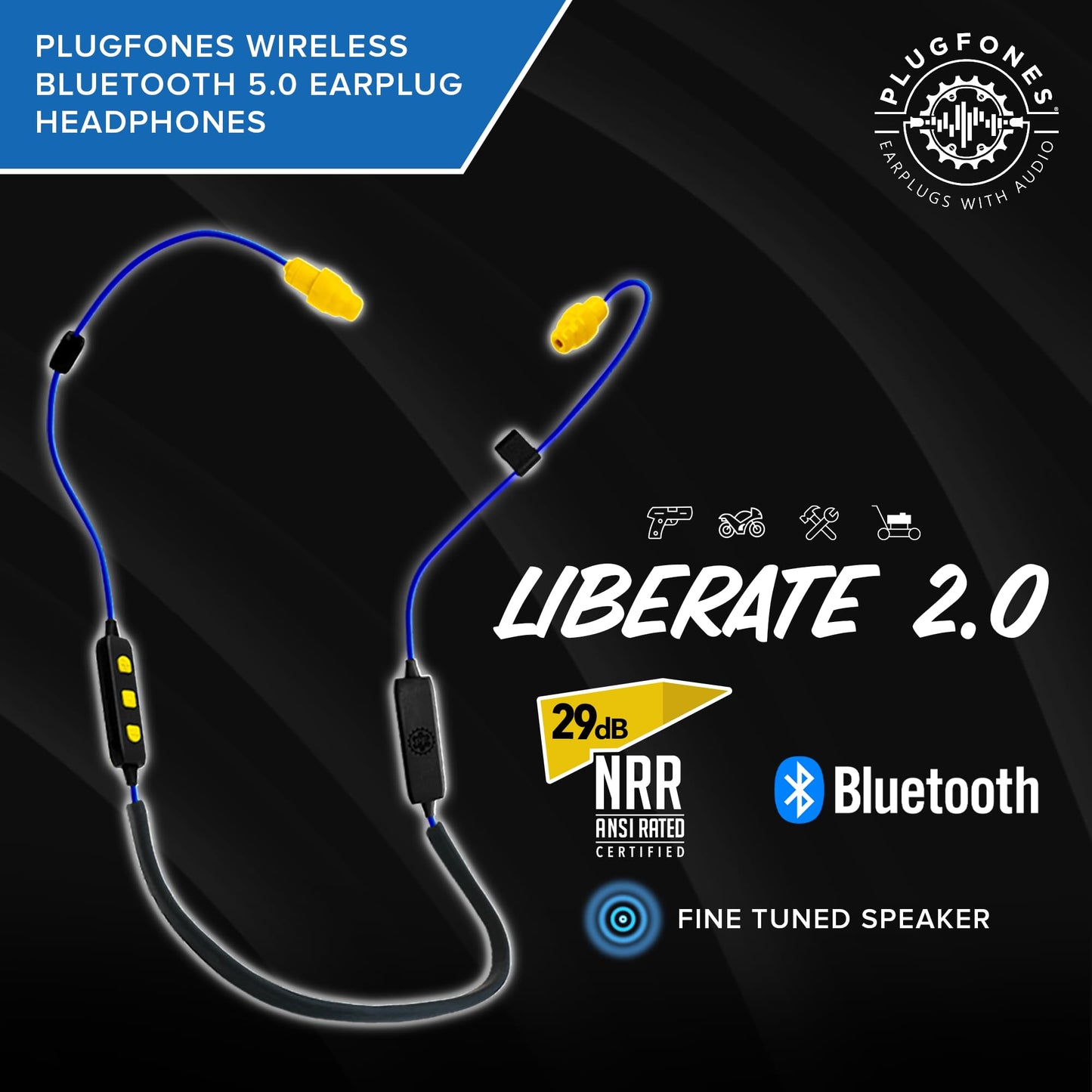 Plugfones Liberate 2.0 Wireless Bluetooth in-Ear Earplug Earbuds- 29NRR Noise Reduction Headphones with Noise Isolating Mic and Controls (Blue