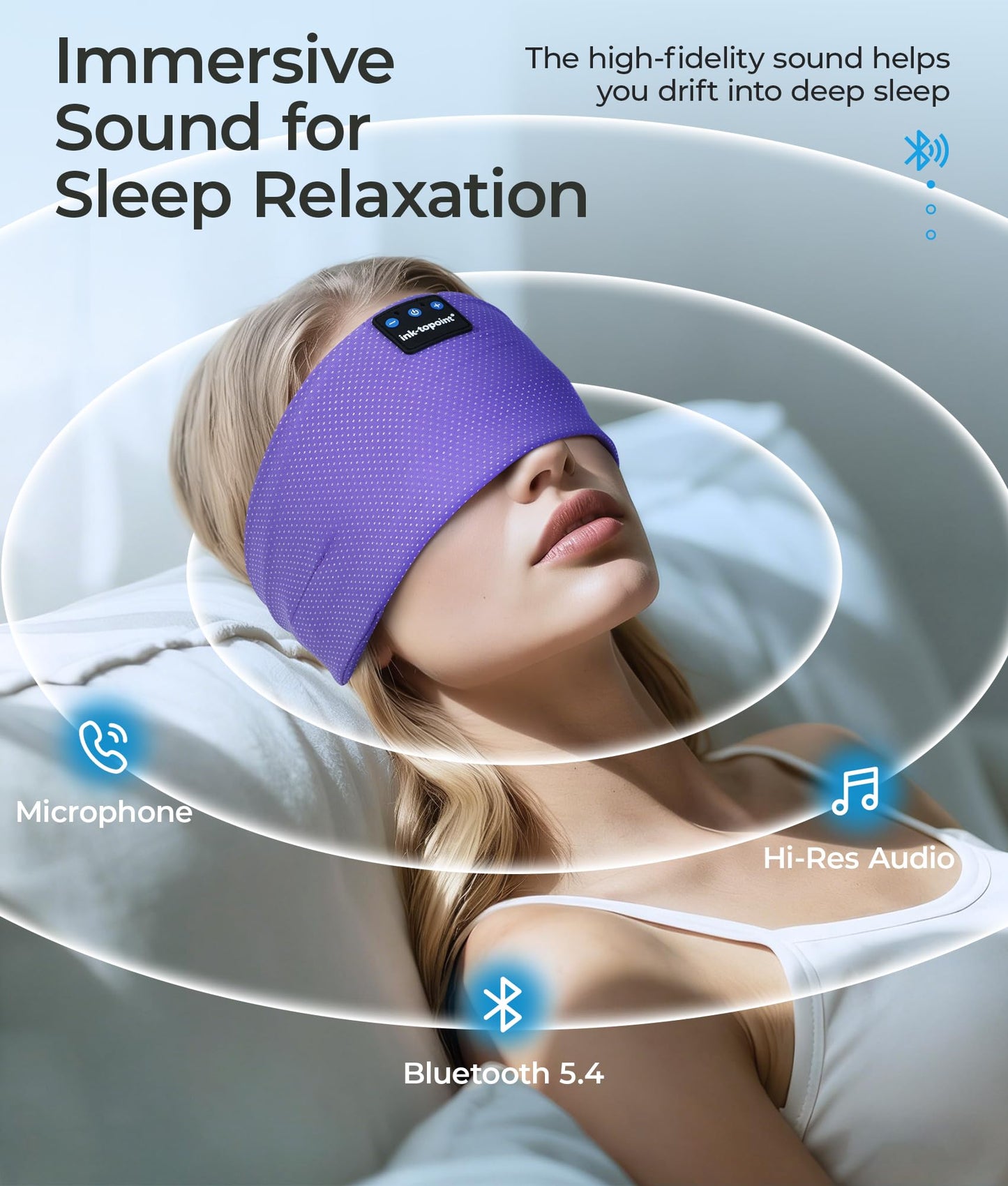 ink-topoint Sleep Headphones Bluetooth 5.4 Headband, 2 in 1 Sleep Mask with Bluetooth Headphones, Wireless Headband Earphones with Ultra-Thin HD