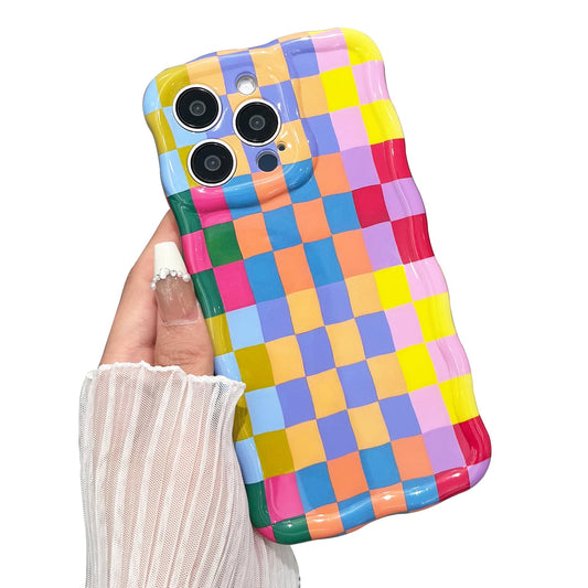 branple Compatible with iPhone 13 Case, Cute Wave Curly Colorful Checkerboard Plaid Phone Case for Women/Men, Soft TPU Shockproof Protection Case