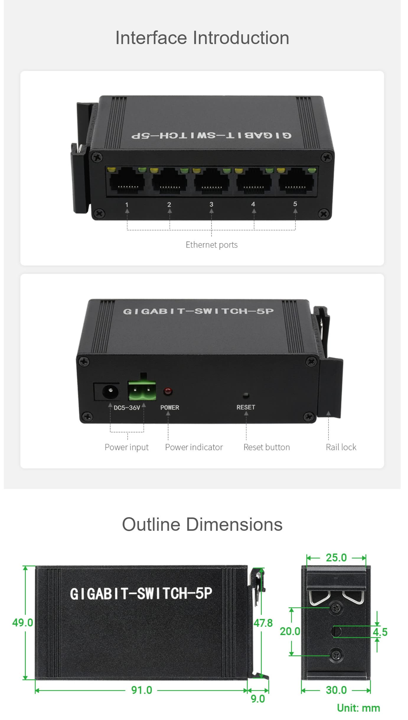 Coolwell Industrial Grade 5P Gigabit Ethernet Switch, 5X 10/100/1000M Ethernet Ports, Support DIN Rail Mount, IEEE 802.3X-Compliant