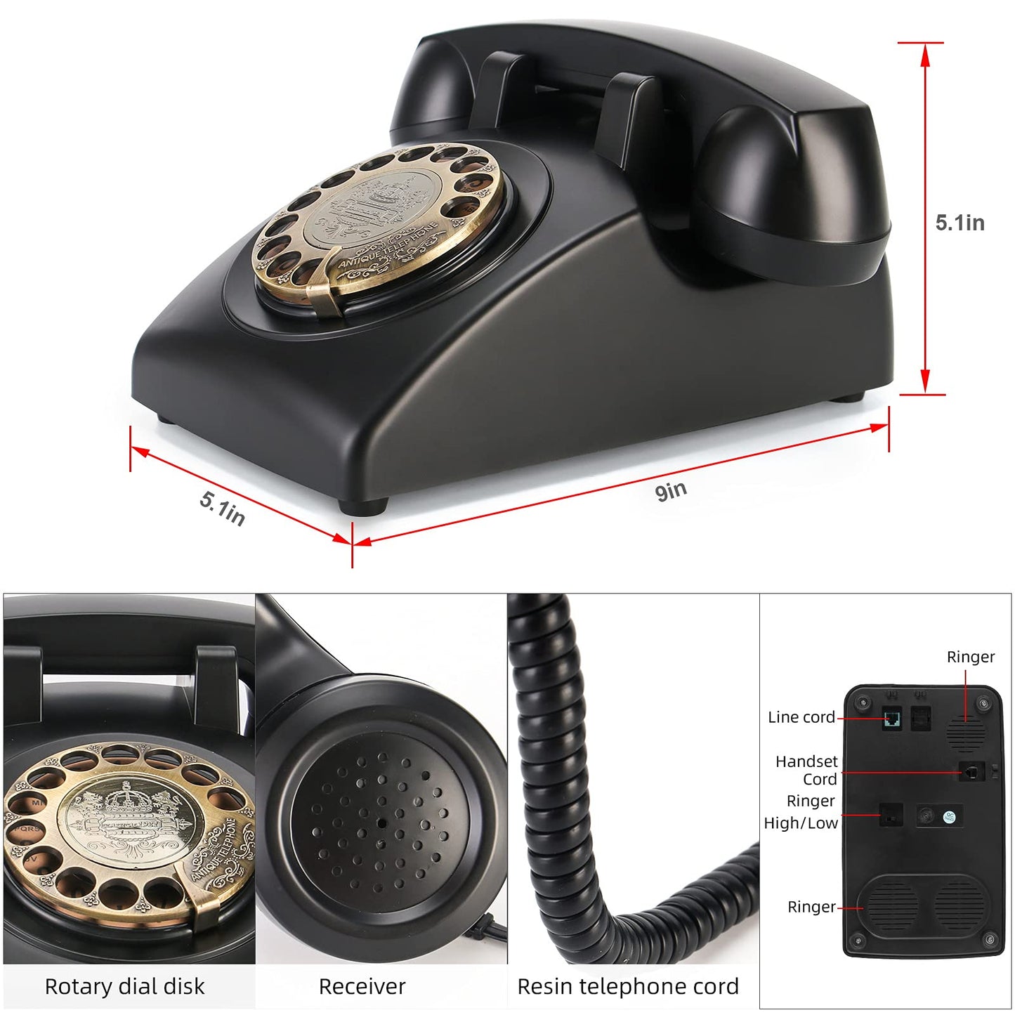 QUOXO Rotary Retro Telephone,1950's Old Antique Corded Landline Dial Phones, Classic Desk Wall Phone for Home Office Decor
