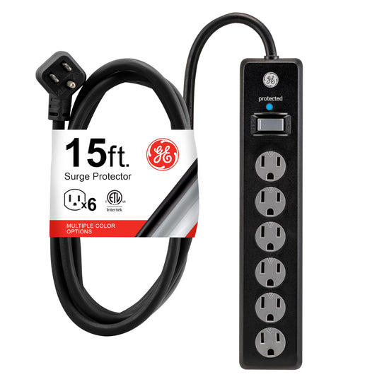GE Surge Protector Power Strip, 15 Ft Extension Cord, 6 Outlet Extender, 800 Joules, Flat Plug, Twist-to-Close Safety Covers, ETL Listed, Black, 50767