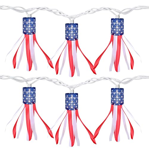 PASUTO 4th of July Decorations Lights, 8.5 FT American Flag Windsock String Lights Plug in with 10 LED Flag Windsock Bunting for Indoor/Outdoor Fourth