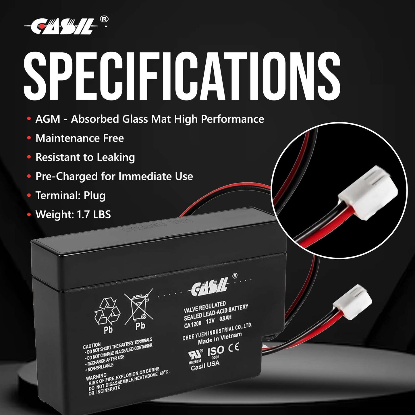 Casil 12V 0.8Ah Sealed Lead Acid Rechargeable Replacement Battery CA1208