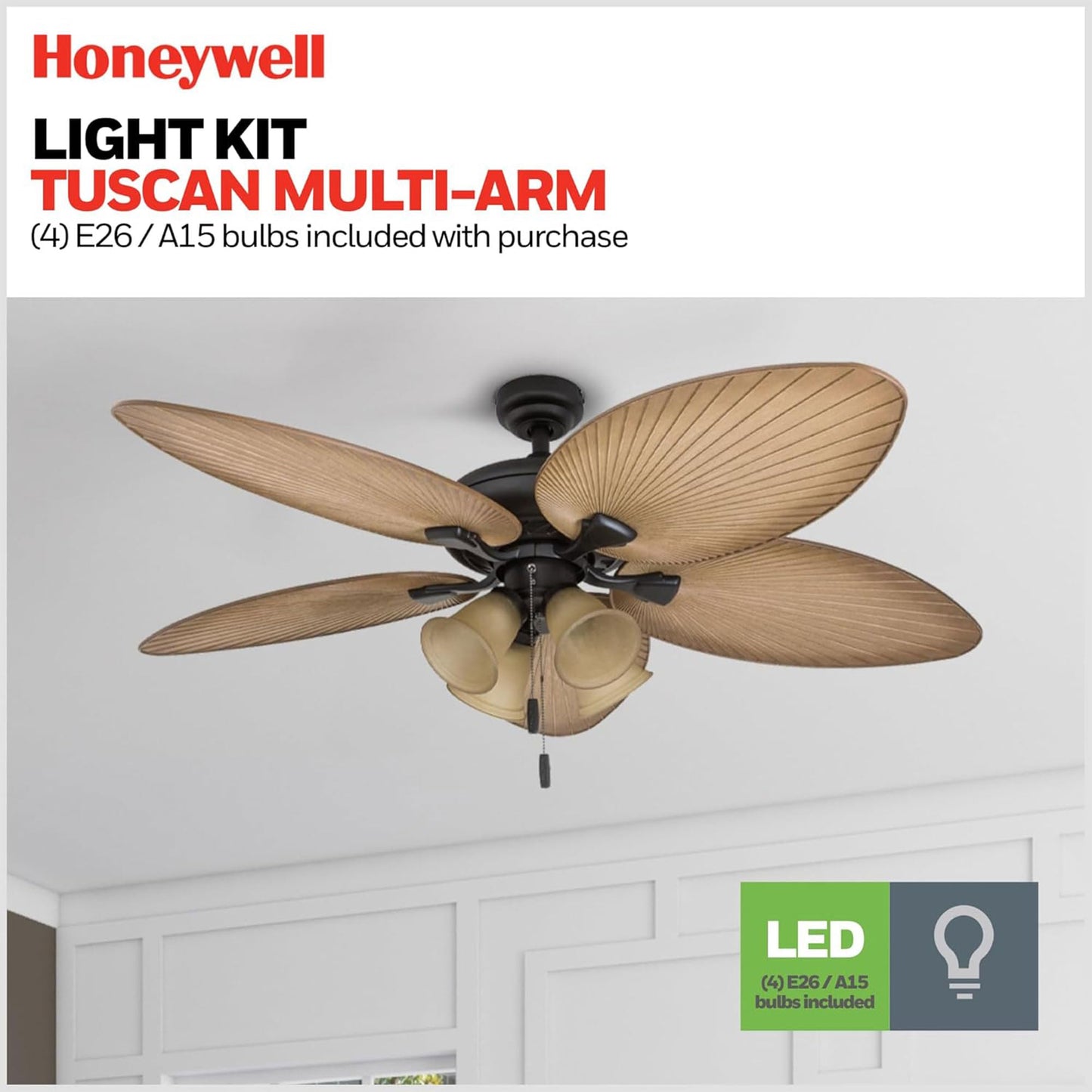 Honeywell Ceiling Fans Palm Valley, 52 Inch Tropical Indoor Outdoor Ceiling Fan with Light, Pull Chain, Three Mounting Options, 5 Palm Leaf Blades