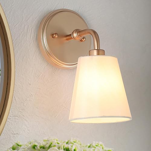 GEPOW Gold Wall Sconce, Modern 1-Light Sconces Wall Lighting with Fabric Shade for Bathroom, Bedroom, Kitchen and Living Room