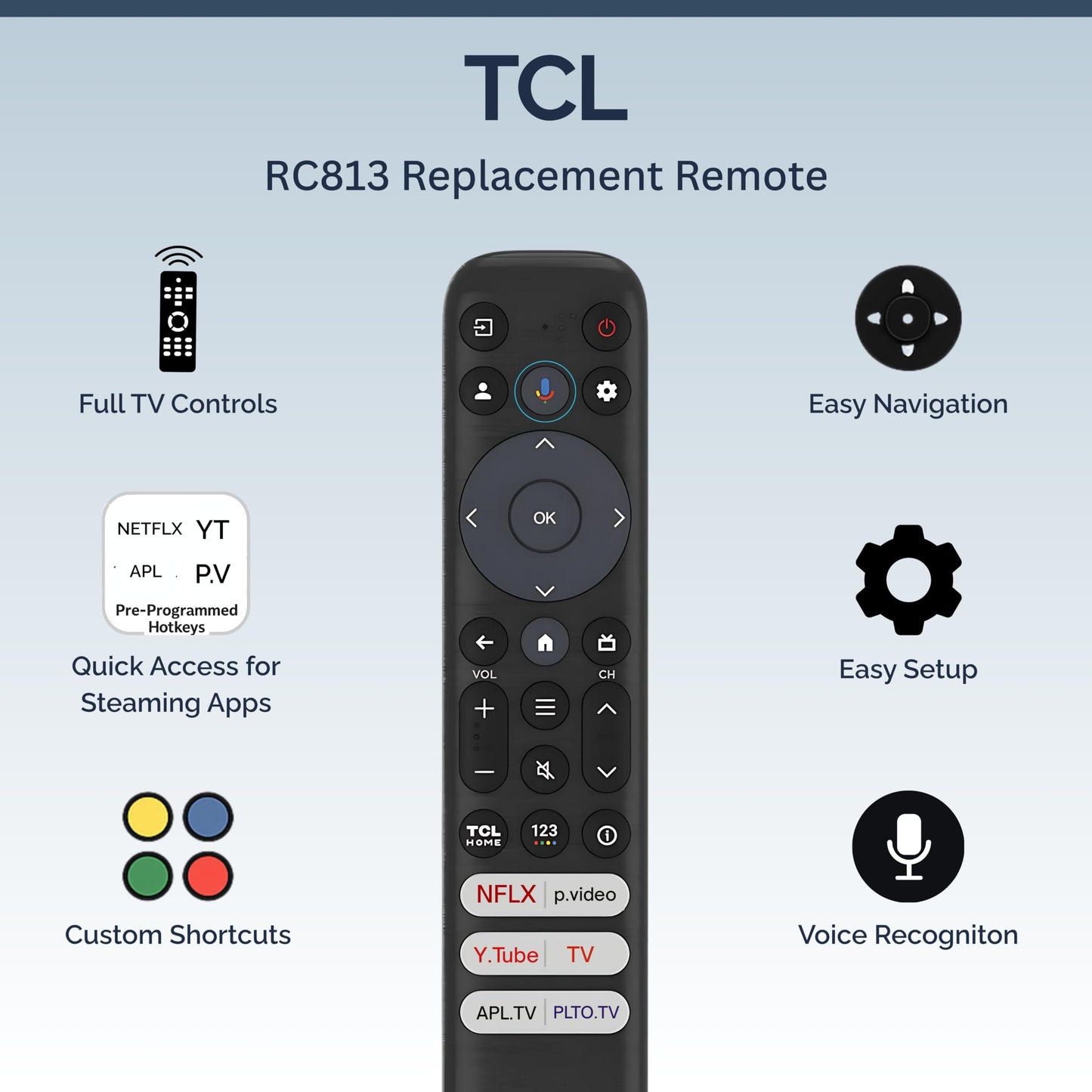 RC813 Remote Control Compatible with TCL TVs - Infrared + Bluetooth, Easy Setup, Shortcut Keys - Works with Google TV & Android TV Models QM8, QM7