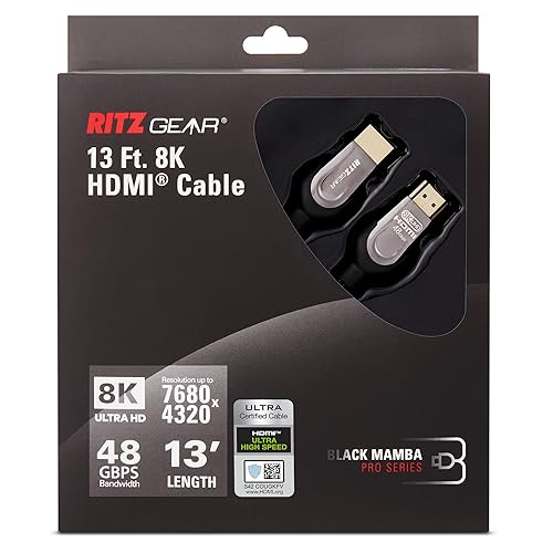 Ritz Gear 8K HDMI 2.1 Cable 13 ft. 48 Gbps Ultra High Speed Braided Nylon Cord & Gold Connectors - 10K/8K@60Hz UHD Video/4K@120Hz/4K@60Hz/2K/1080P.
