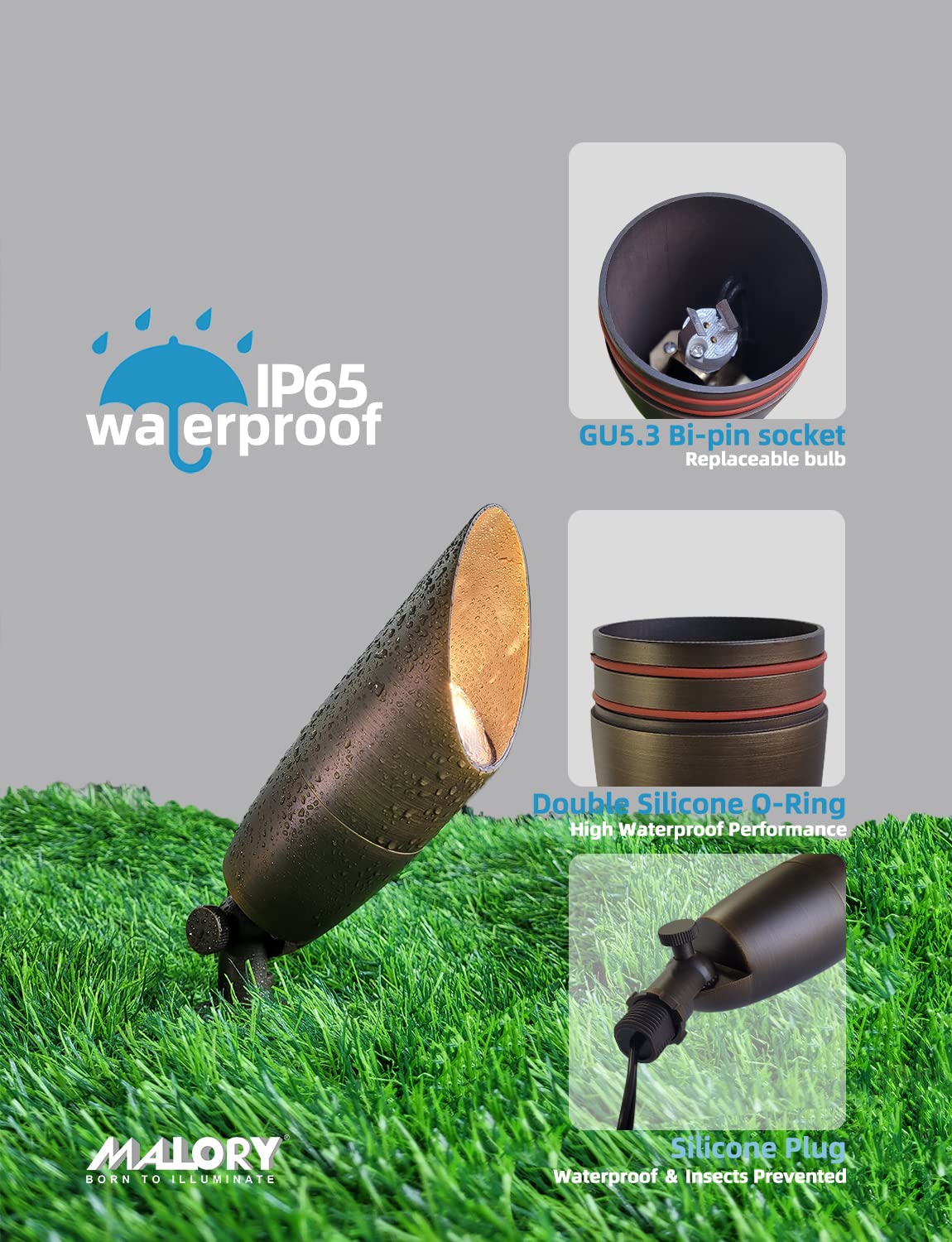MALORY Solid Brass Landscape Spotlight 1-Pack with Bulb(S06), Low Voltage Front and Backyard Landscape Lighting with Large Rugged Slot Spike & Wire