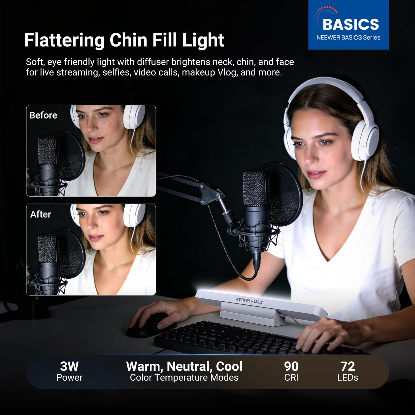 NEEWER Basics LED Chin Fill Lighting, 3W Bi Color Portable Desk Phone Selfie Photo Light, CRI90, 2200mAh Battery for TikTok Streaming Laptop Video