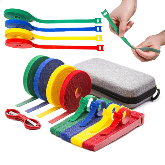 MAIWEIS Reusable Cable Ties Adjustable Cord Straps - 80PCS (6in) + 4 Rolls (197in) 4-Color Pack for Home Office Desk Travel - Travel Kit with Case