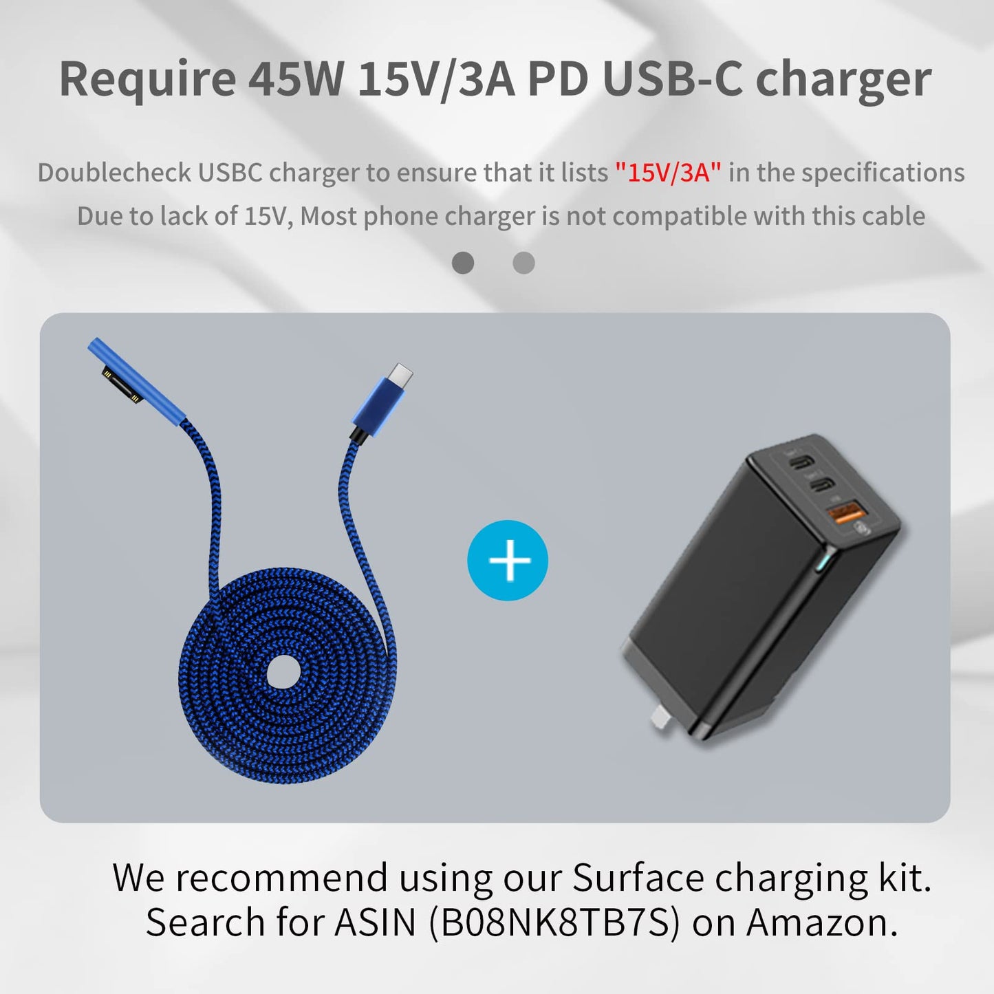 Sisyphy Nylon Braided Surface Connect to USB-C Charging Cable (6ft Blue), Requires 45W 15V/3A USB-C Charger PD Power Supply, Compatible with Microsoft