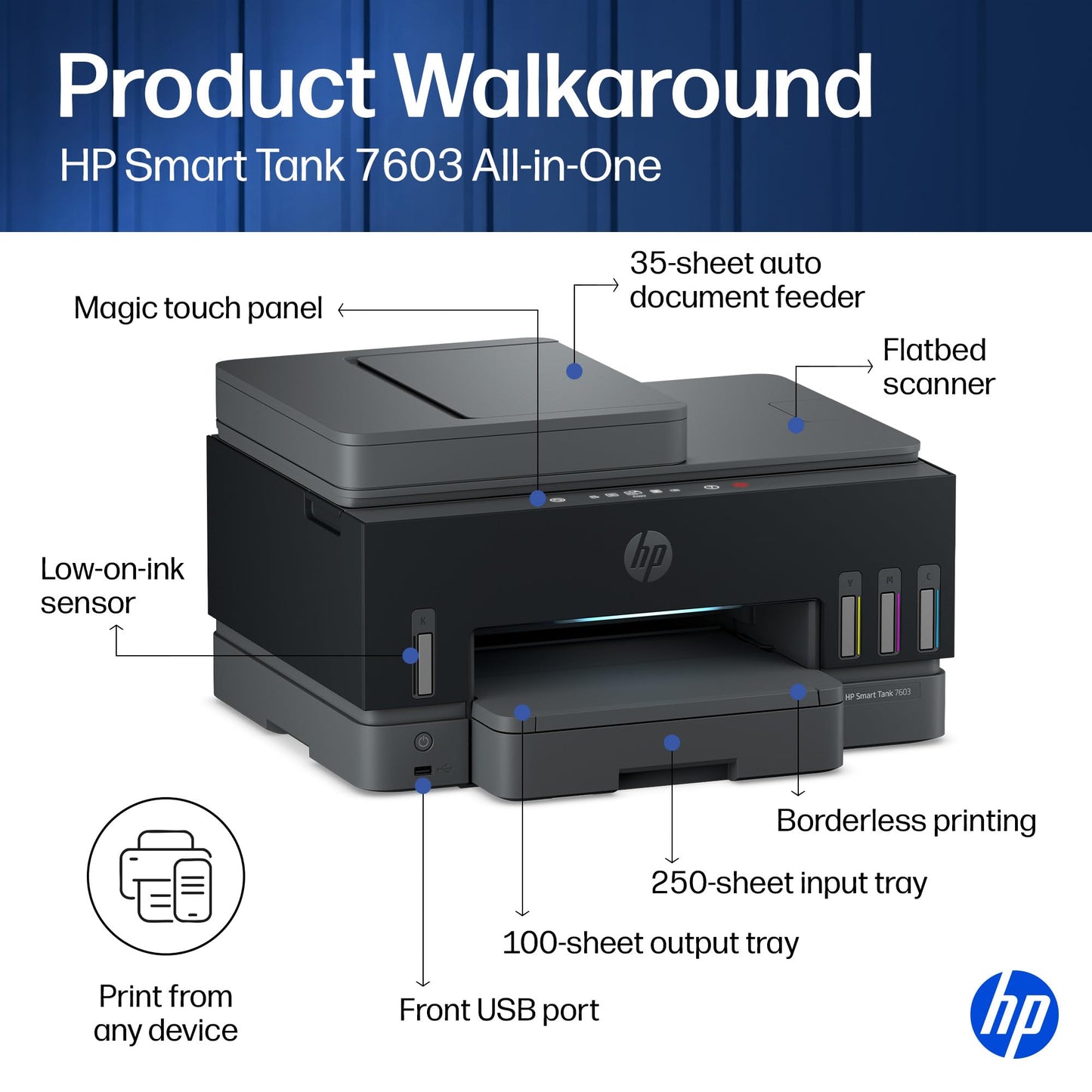 HP Smart Tank 7603 Wireless All-in-One Ink Tank Printer, Scanner, Fax, Copier with up to 3 Years of Ink Included, Best-for-Home Office, Cartridge-Free