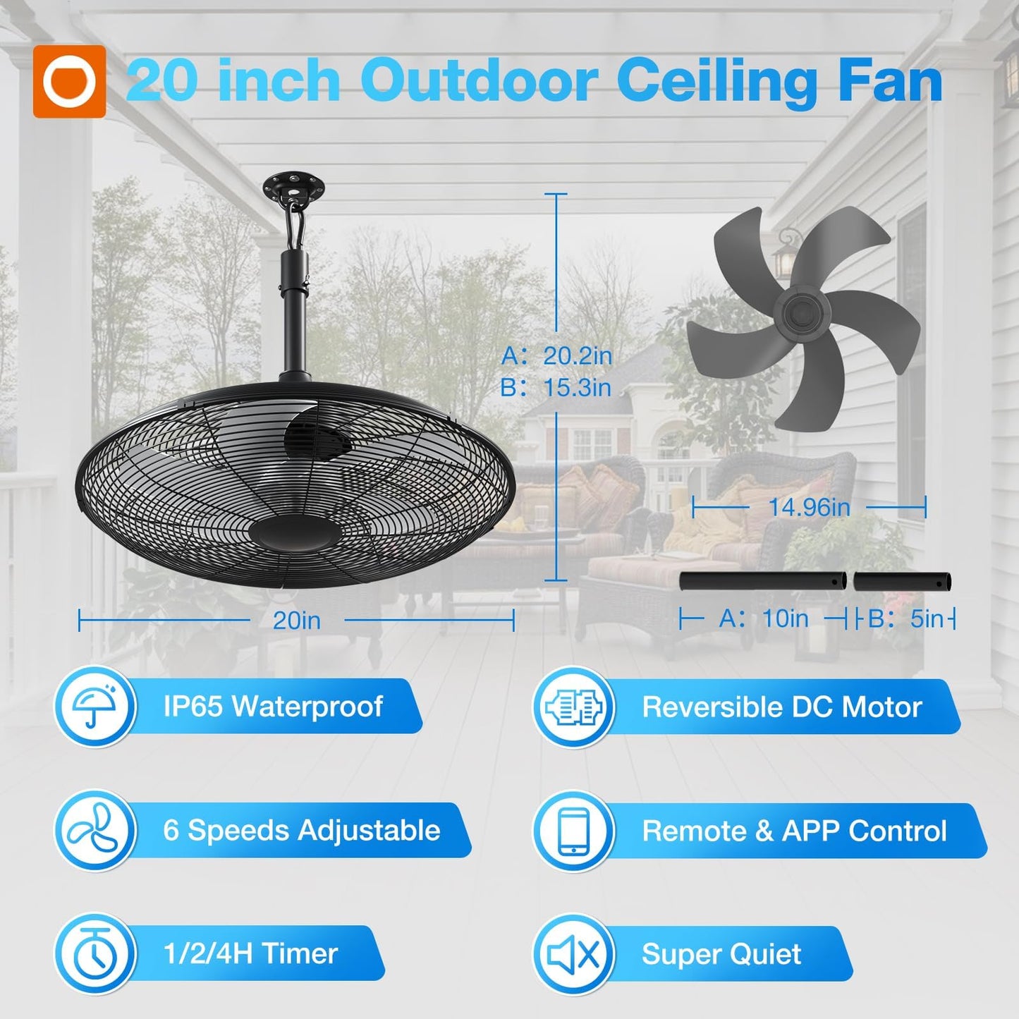 addlon 20 Inch IP65 Plug In Outdoor Fans for Patios, Remote & APP Control