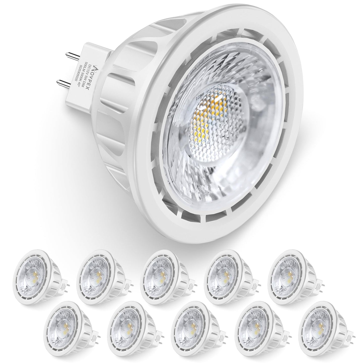 Aovpex 10 Pack Dimmable MR16 LED Bulbs, 12V 5W(50-Watt Equivalent), 3000K Warm White, GU5.3 Bi-Pin Base, 40-Degree, Indoor/Outdoor Landscape Spotlight