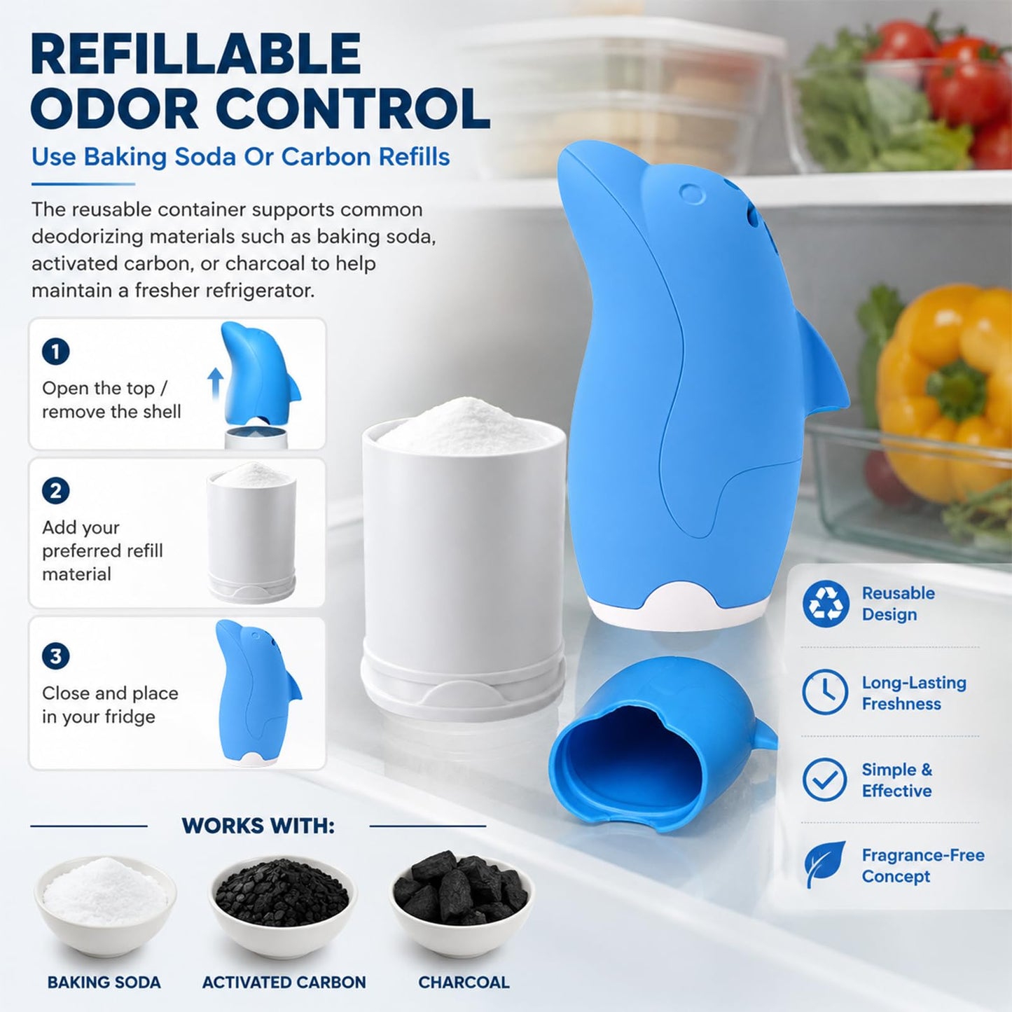 Asltw Refrigerator Deodorizer, Refillable Odor Absorber Dolphin Design