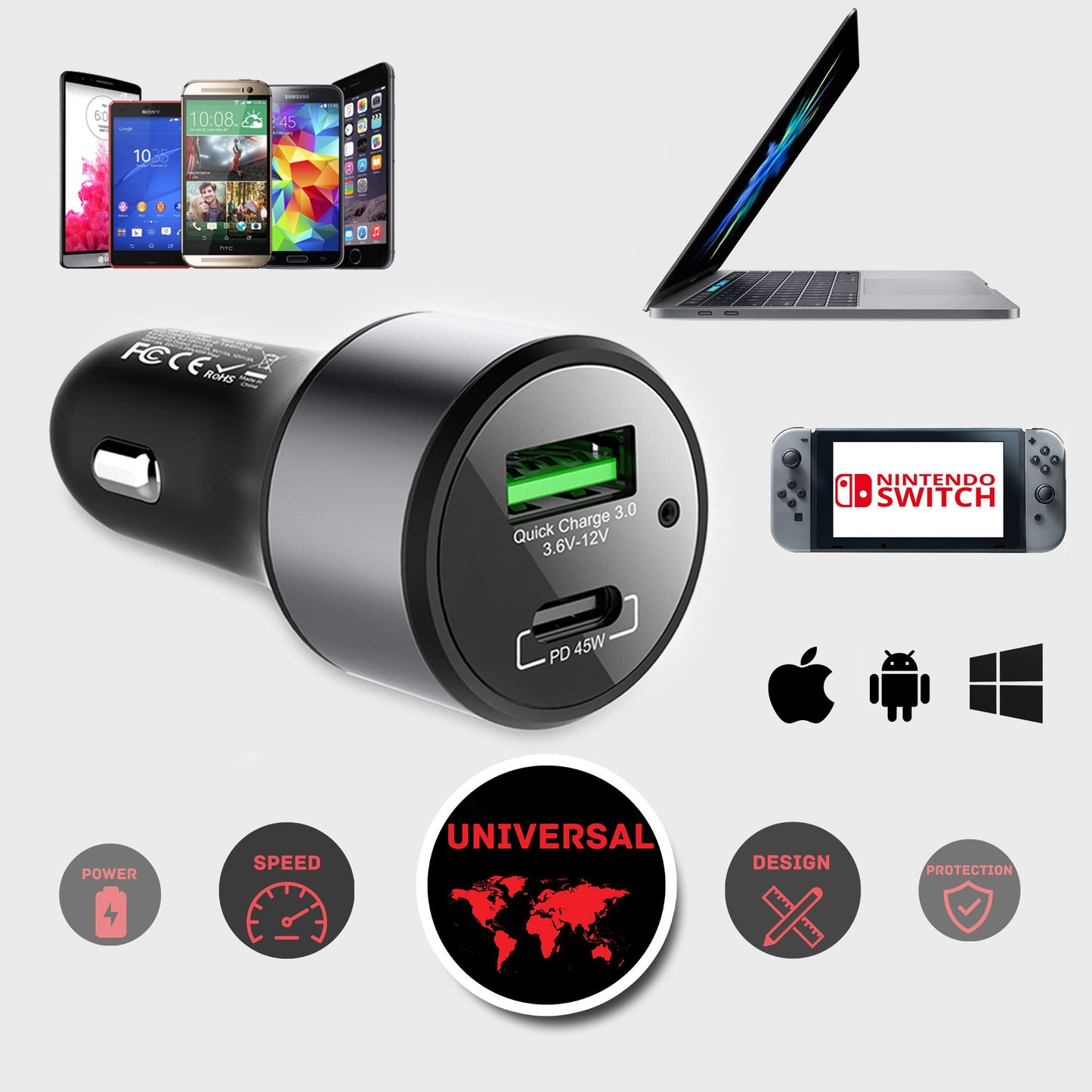 LinkOn 63W USB C Car Charger PPS&PD 3.0(45W) + QC 3.0(18W) Dual Port - Fast Car Charger Compatible with Laptop, Phone & Tablet - MacBook, Dell XPS, HP