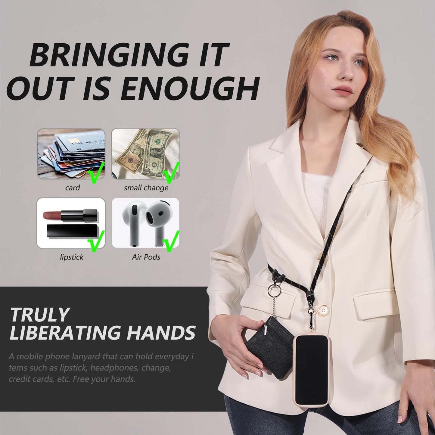 EEIFO Clip and Go Phone Strap with Wallet/Zipper Pouch,Crossbody Adjustable Phone Lanyard/Chain-Phone Charm with Wallet-Neck Chain Universal Cell