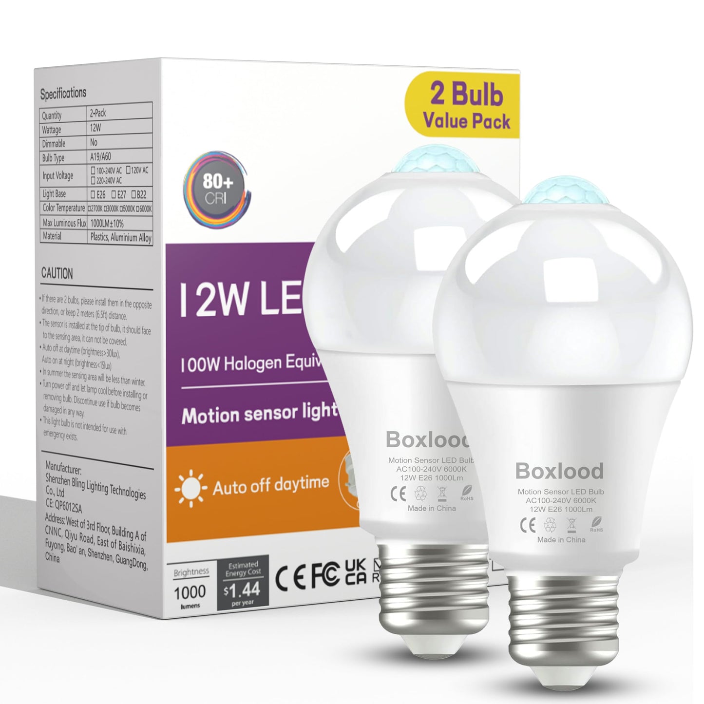 Boxlood LED Motion Sensor Light Bulbs Outdoor Indoor, 12W(100W Equivalent) A19 E26 Motion Activated Dusk to Dawn Ampoule Exterieur, 6000K Cool White