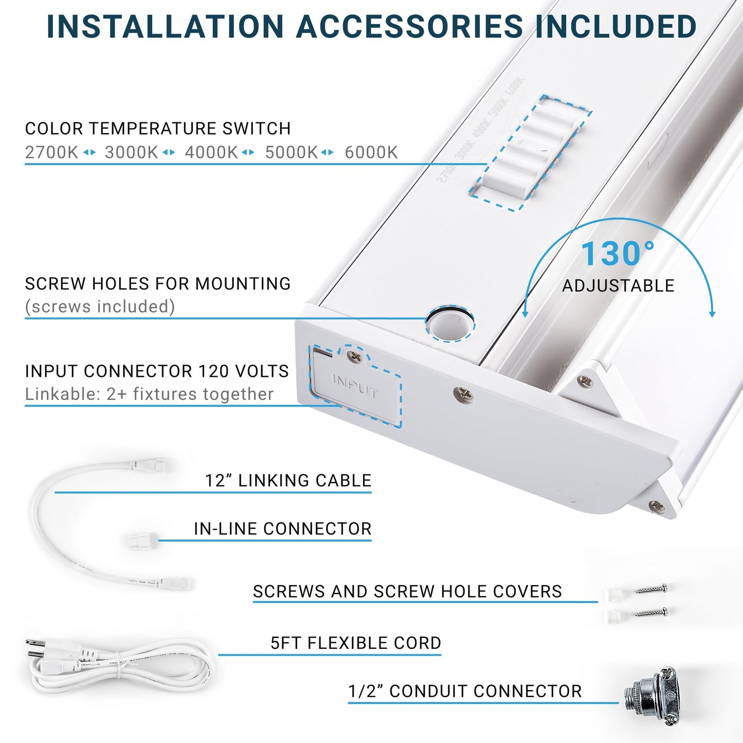 PARMIDA LED Swivel Under Cabinet Lighting, Hardwired or Plug-in Installation, 10 Inch, 7W, 5CCT Color Selectable - 2700K/3000K/4000K/5000K/6000K