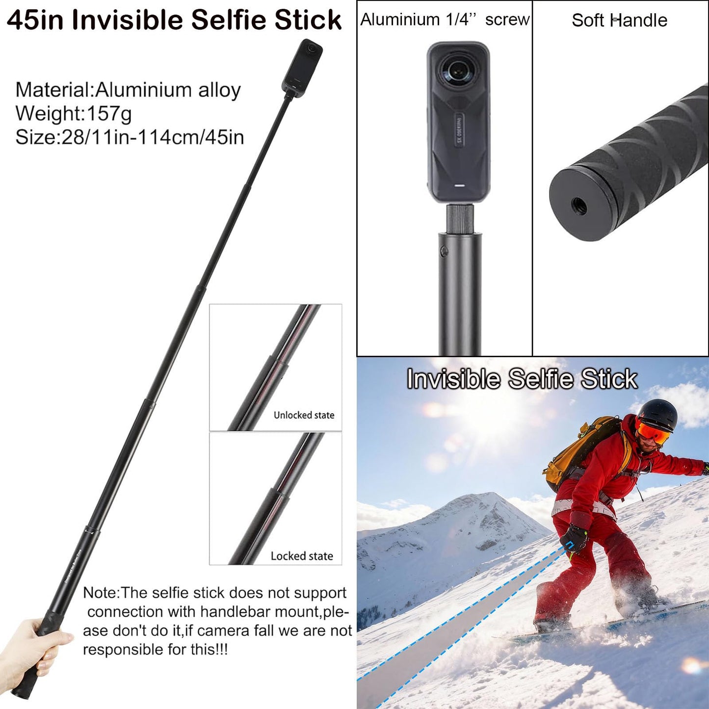 PellKing Accessories Kit for insta360 X5,Included Carrying Case with Belt,2 Pcs Metal 1/4" Adapter,Handlebar Clamp,Magnetic Mount,43in Selfie