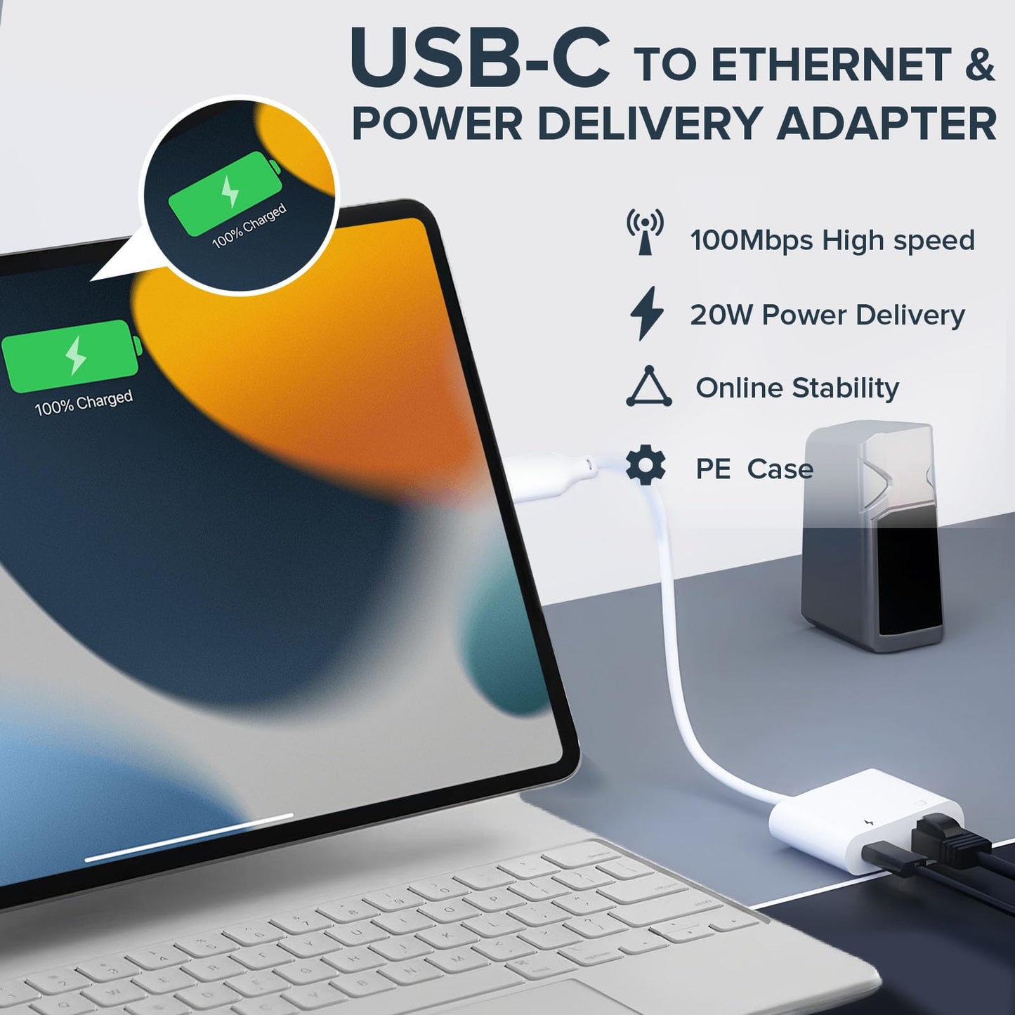 DICKMITH USB C to Ethernet Adapter 2 in 1 USB C to RJ45 Adapter with Type C PD Charging Port Compatible with iPhone16/Android/MacBook Supports 100Mbps