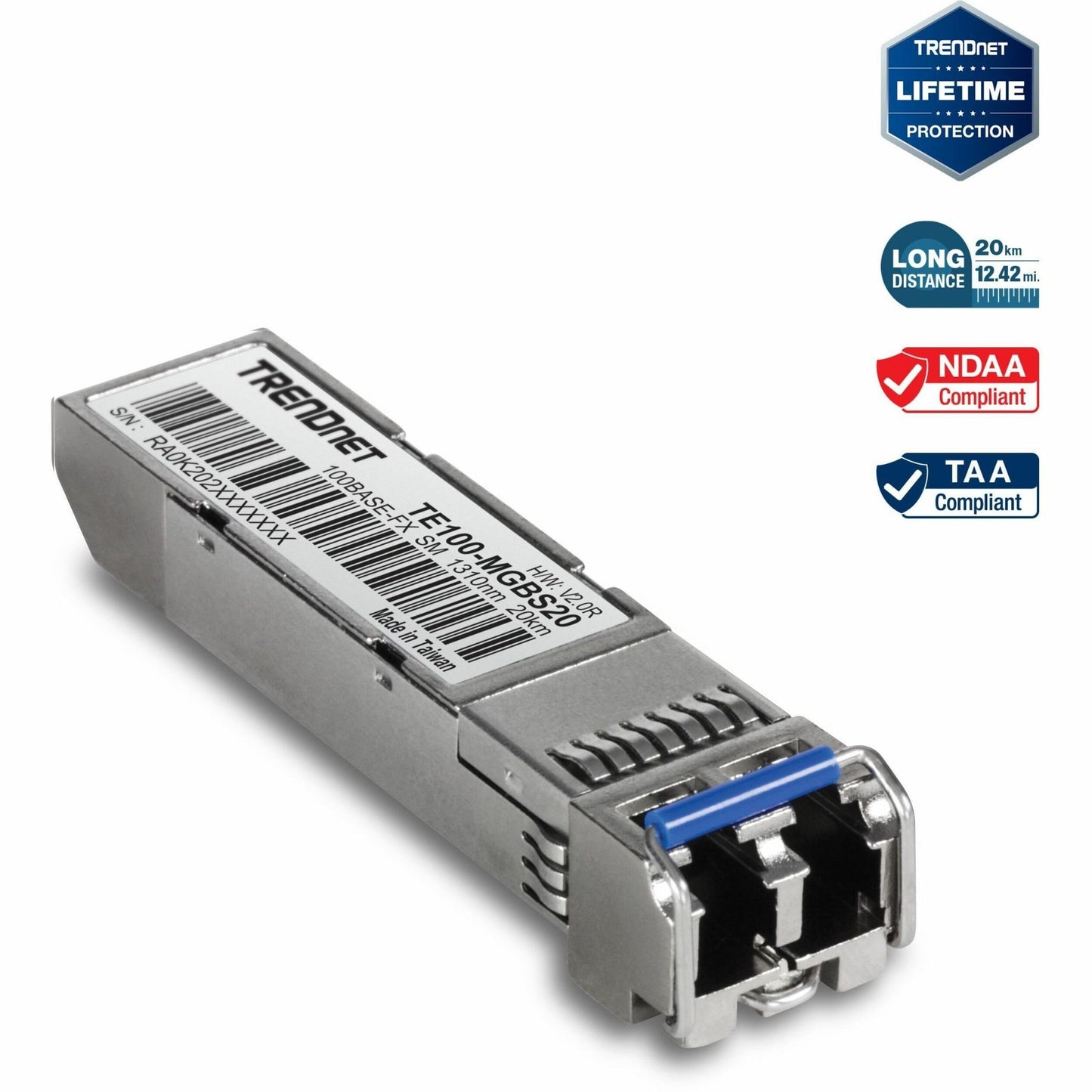 TRENDnet SFP to RJ45 100Base-FX Single-Mode LC Module, TE100-MGBS20