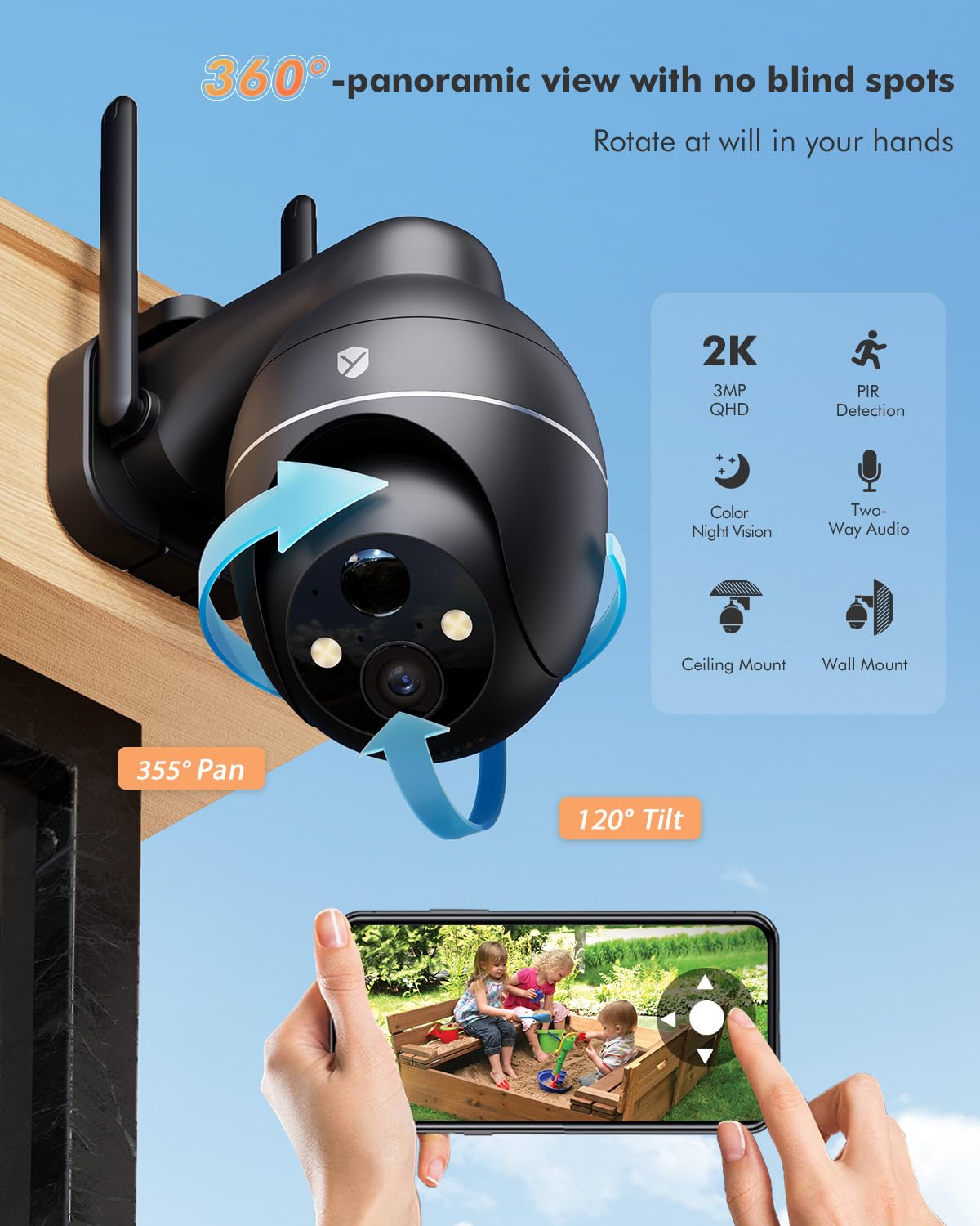 YuCamPro Solar Security Cameras Wireless Outdoor, 360° Panoramic View for Home Security, Rechargeable Batteries, 2K Color Night Vision, PIR Human