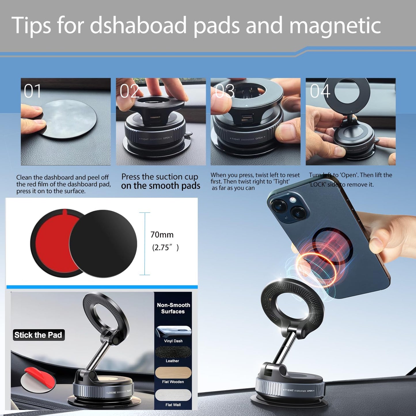 ILKCC Vacuum Suction Magnetic Phone Holder, 2025 Upgraded Vacuum Suction Cup Mount for Magsafe, 360° Adjustable Foldable Portable Magnetic Car Phone