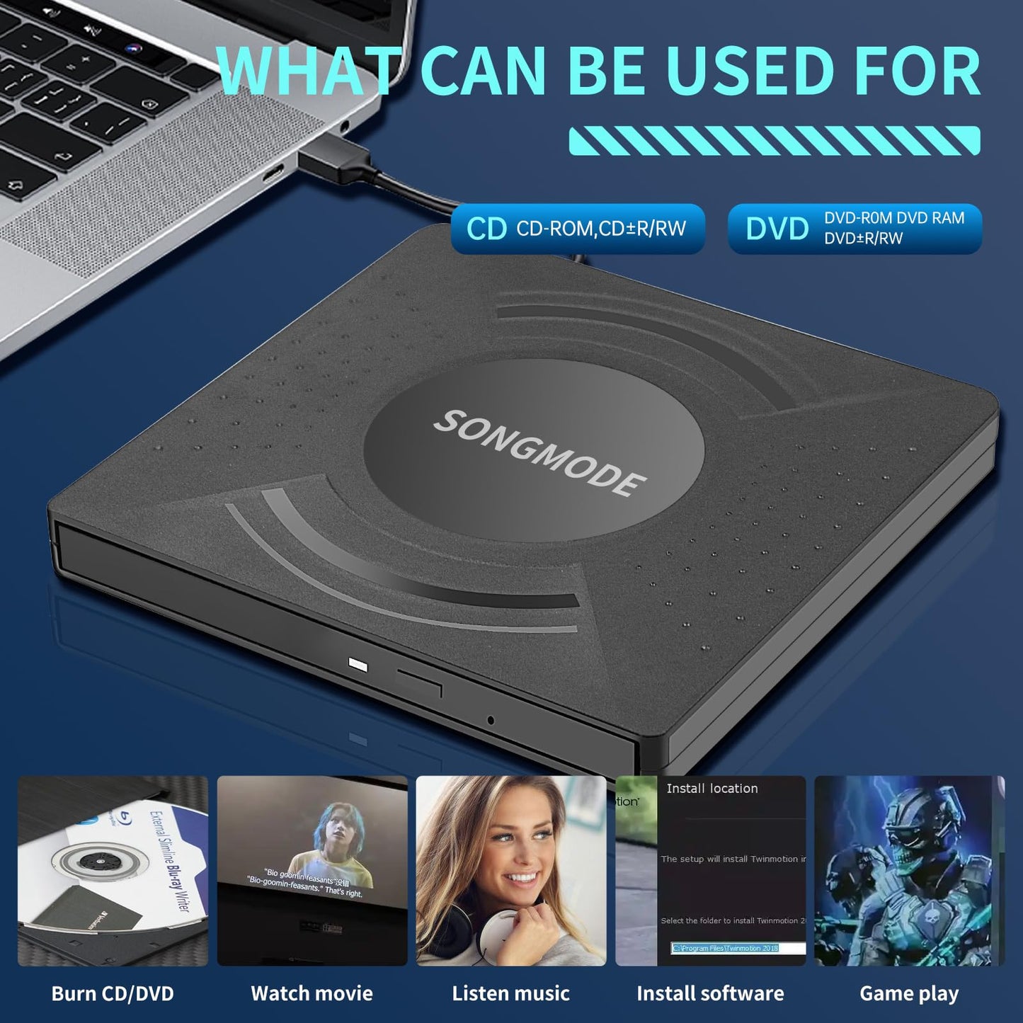SONGMODE Ultra Slim DVD Burner,External DVD Drive?CD Burner - USB 3.0/Type-C, M-DISC Support, Plug & Play for PC/Mac/Laptop