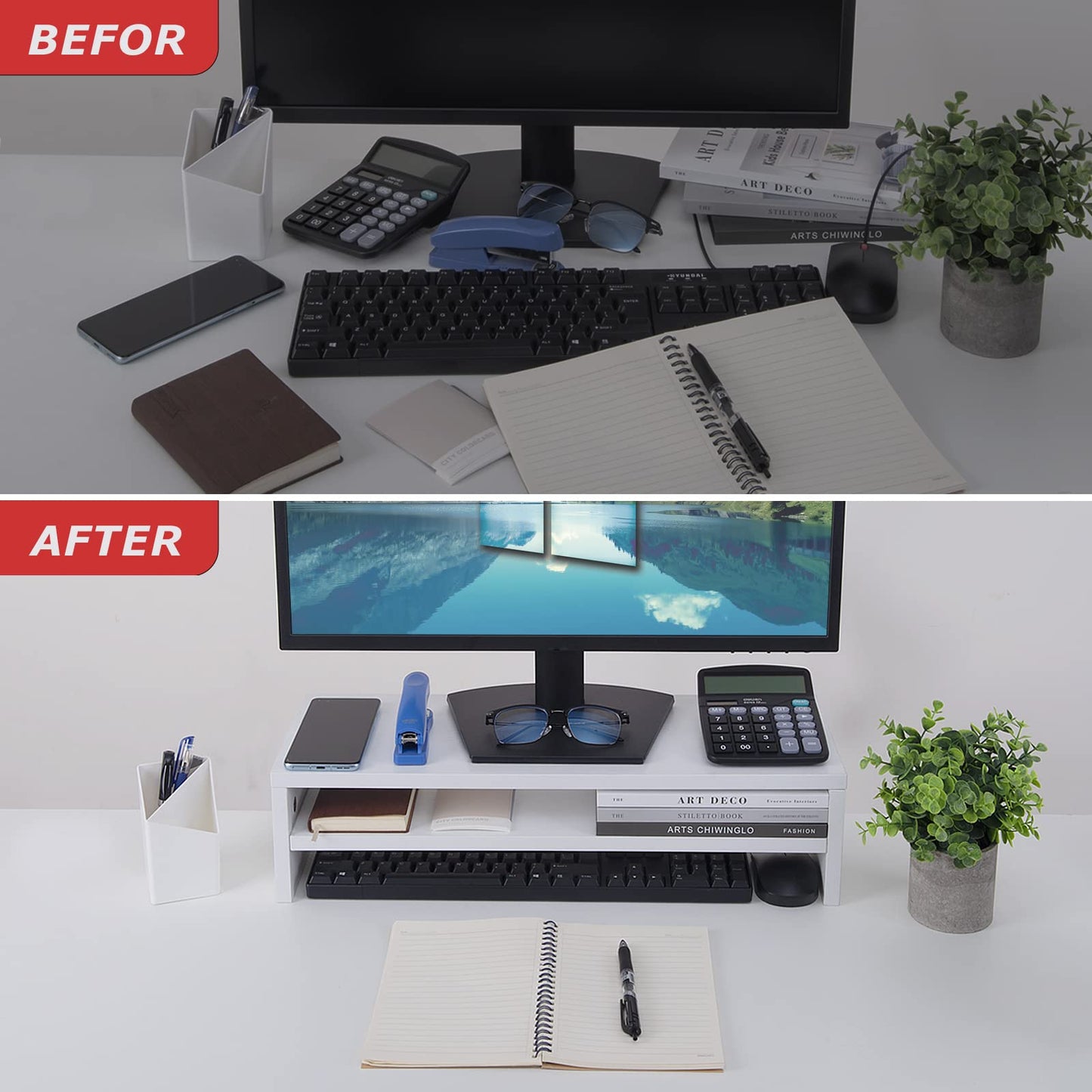 BEYGORM Monitor Stand Riser White, 21.6 inch 2 Tiers Wood Desk Shelf Computer Screen Stand with Storage for Desktop Laptop/Screen/TV/PC/Printer, Desk