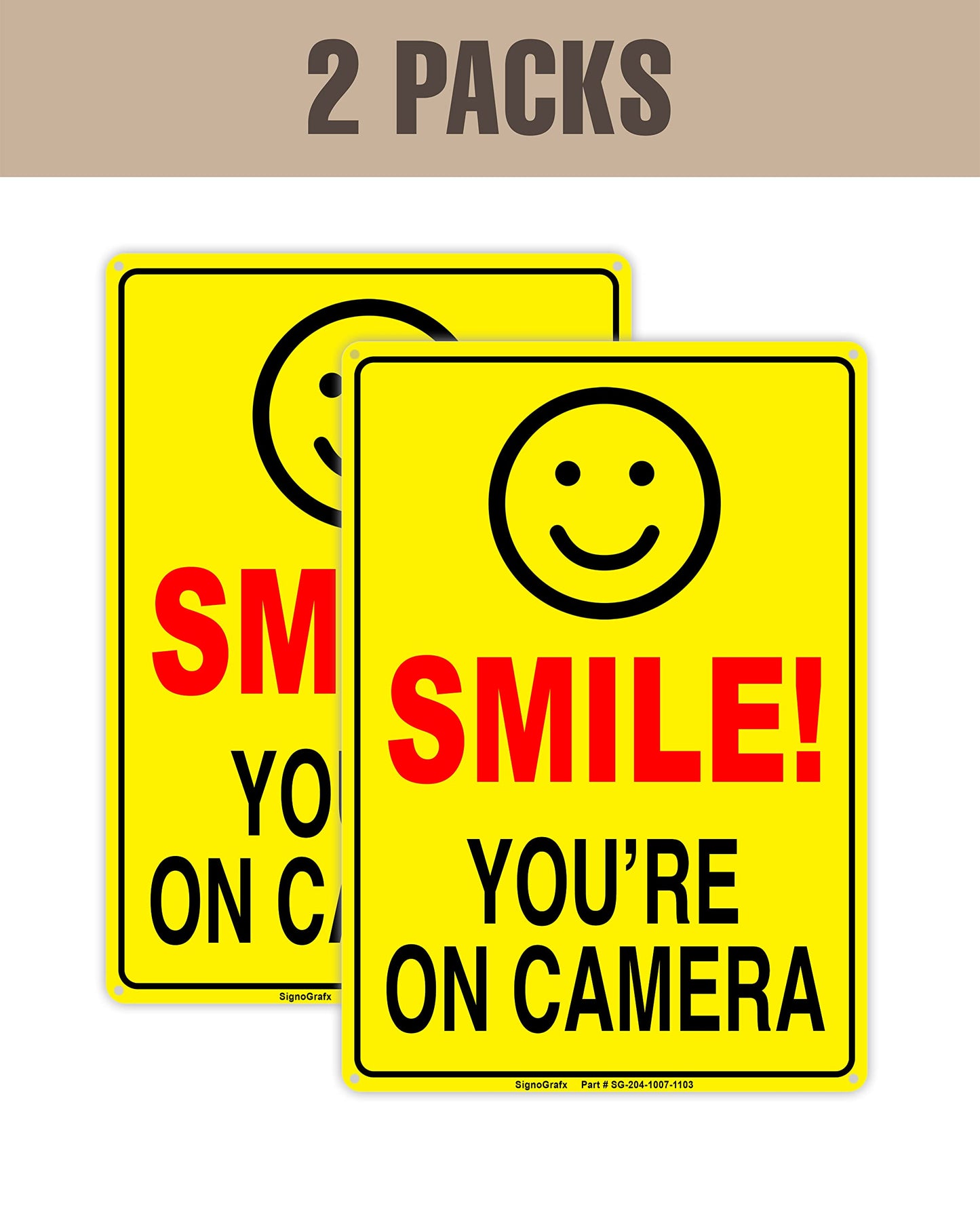 SIGNOGRAFX 2-Pack SMILE YOU’RE ON CAMERA SIGN, 10 x 7, Video Surveillance Signs, Reflective, Easy to Install,Driveway Alert, CCTV Indoor and Outdoor
