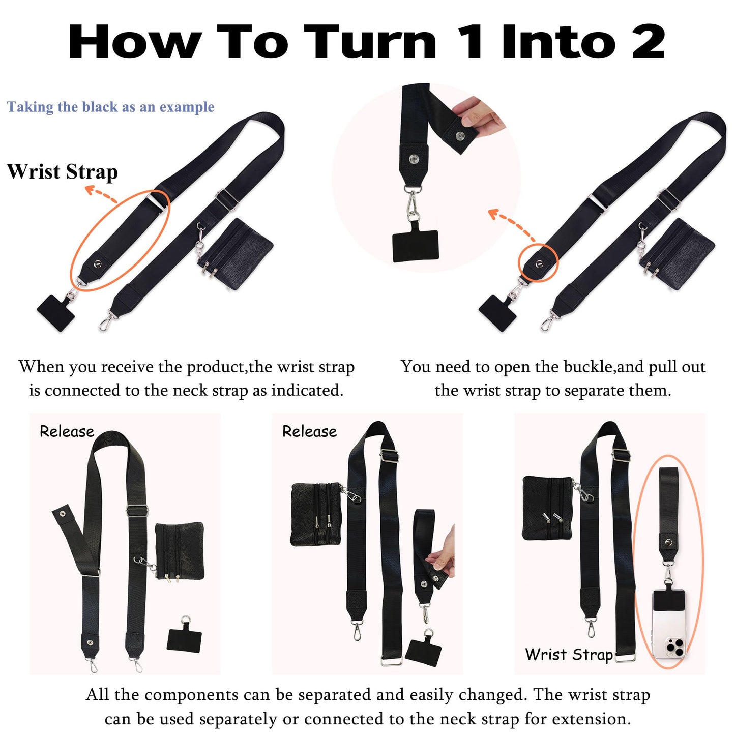 FUVLIFE Phone Lanyard Crossbody Wrist Strap, Adjustable Clip and Go Strap for Phone with Wallet Crossbody, Phone Strap with Zippered Pouch, Universal