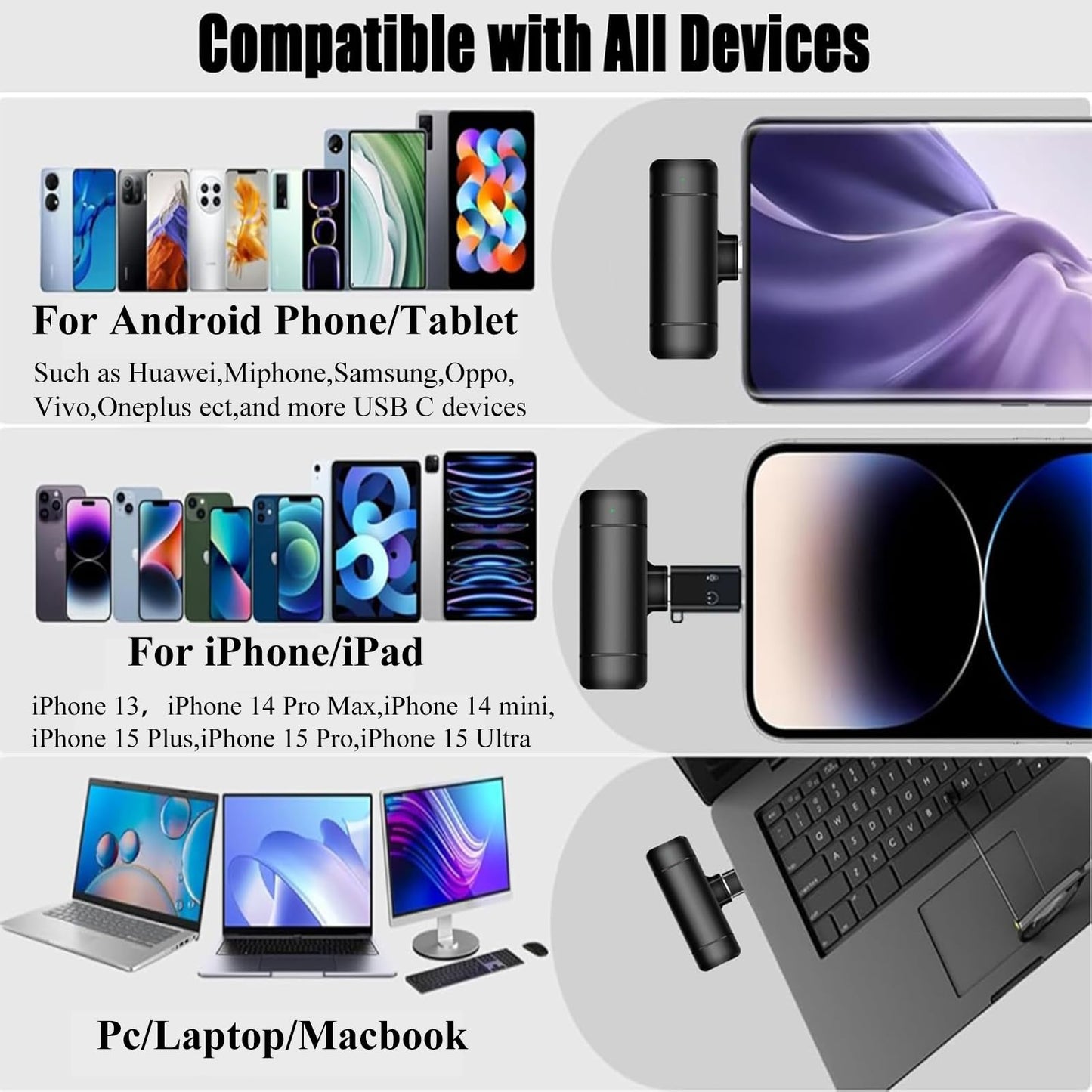 2 Pcs 3 in 1 Wireless Lavalier Microphones for iPhone iPad USB C Android Laptop with Charging Case, Clip on Lapel Mic Plug-Play Cordless Mini Mic for